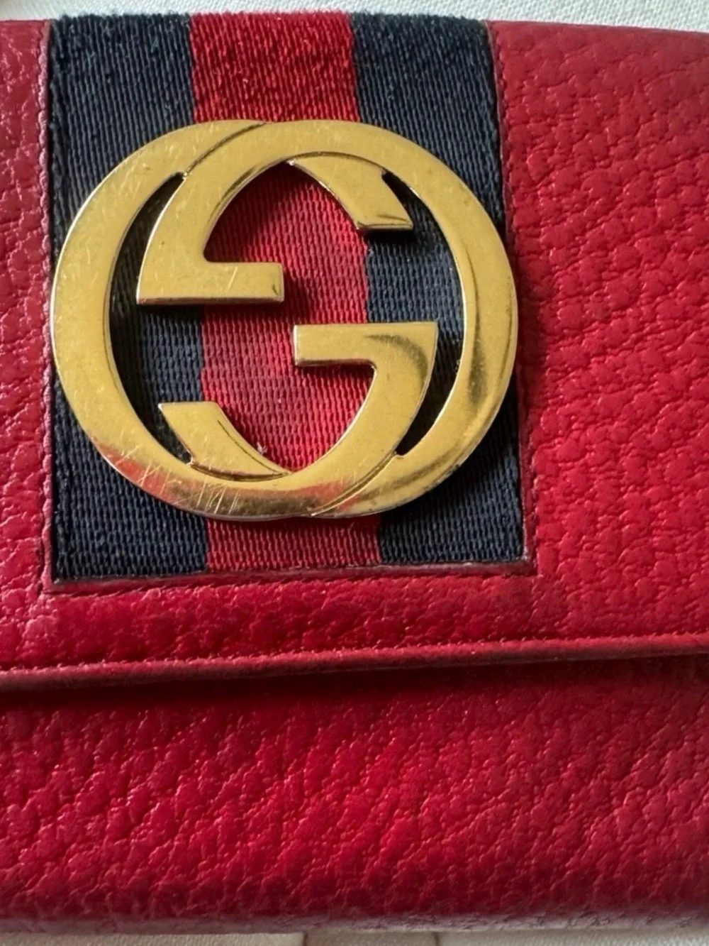 Gucci Red Leather Card Holder with Gold Double G and Navy-Red Web